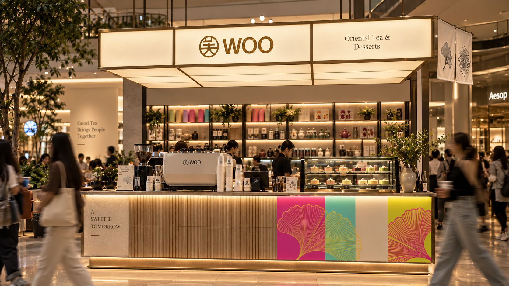 เคาน์เตอร์ WOO พร้อมชั้นวางสินค้าและตู้ของหวาน