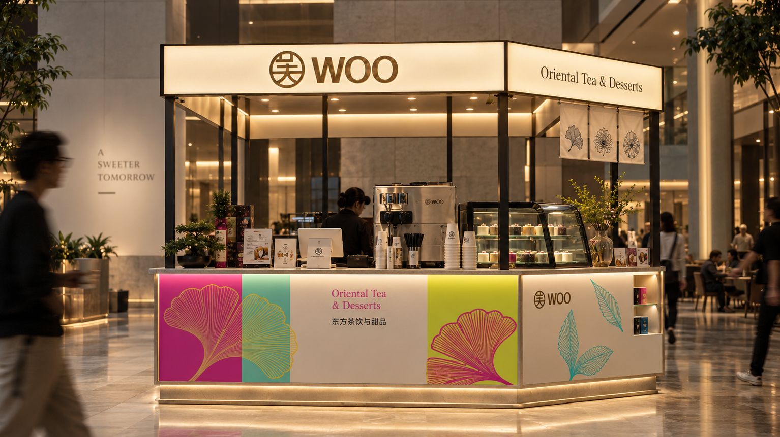 คีออสก์ WOO ในศูนย์การค้า เคาน์เตอร์ไม้พร้อมแผงสีชมพู มิ้นต์ และเหลือง